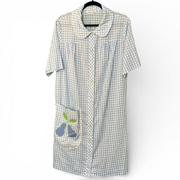 Dresses & Skirts - Vintage Blue and White Gingham Button-Up Nightgown with Pear Applique Pocket